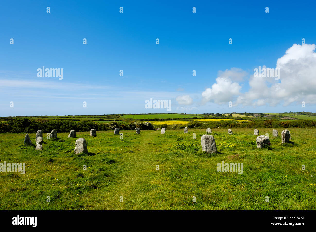 Merry maidens ou rosemodress cercle, cercle de pierres de l'âge du bronze, près de Penzance, Cornwall, Angleterre, Grande-Bretagne Banque D'Images