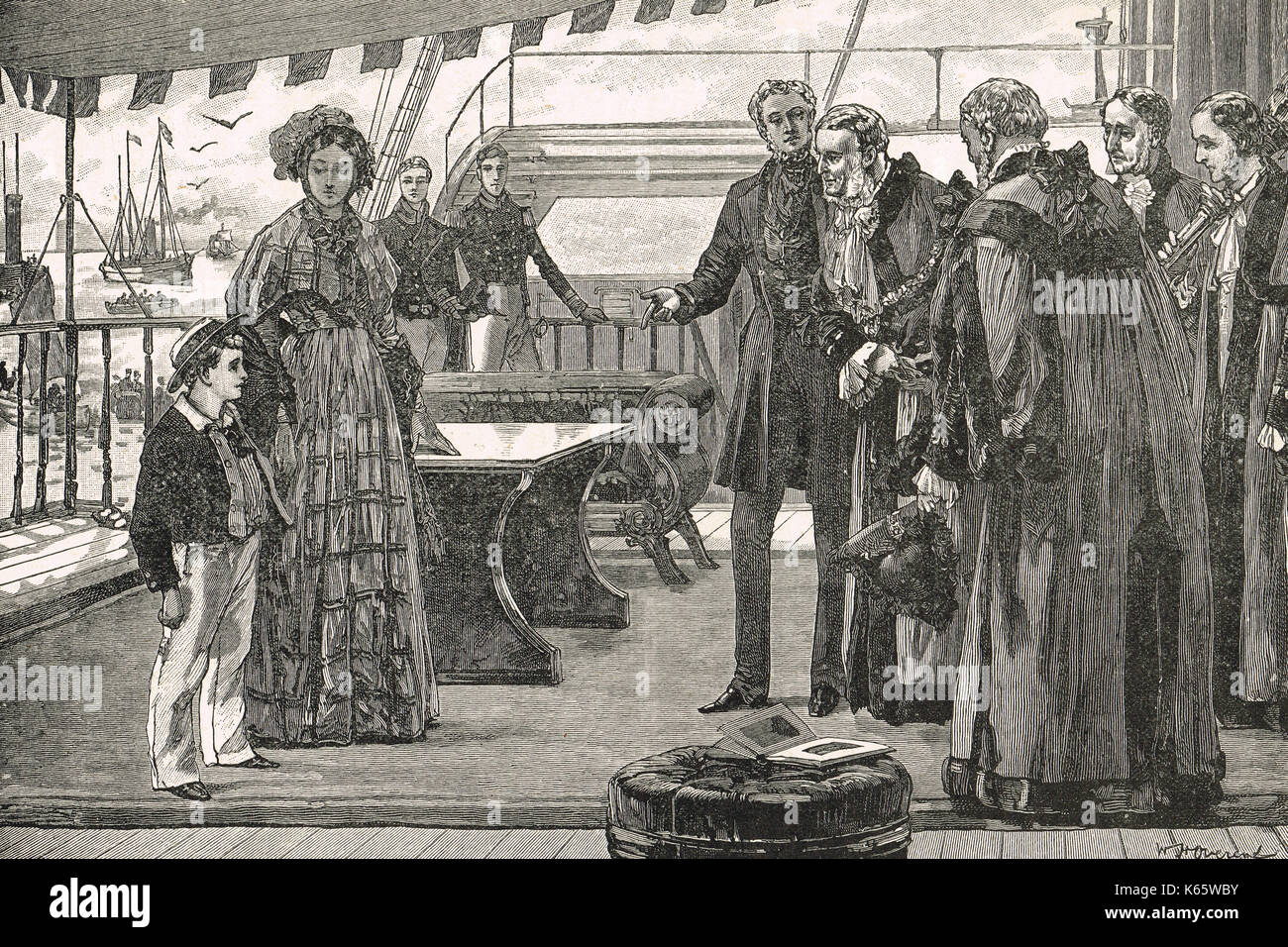 La reine Victoria avec Albert, Prince de Galles (futur Édouard VII), en cours d'introduction aux dignitaires municipaux de penryn, circa 1840 Banque D'Images