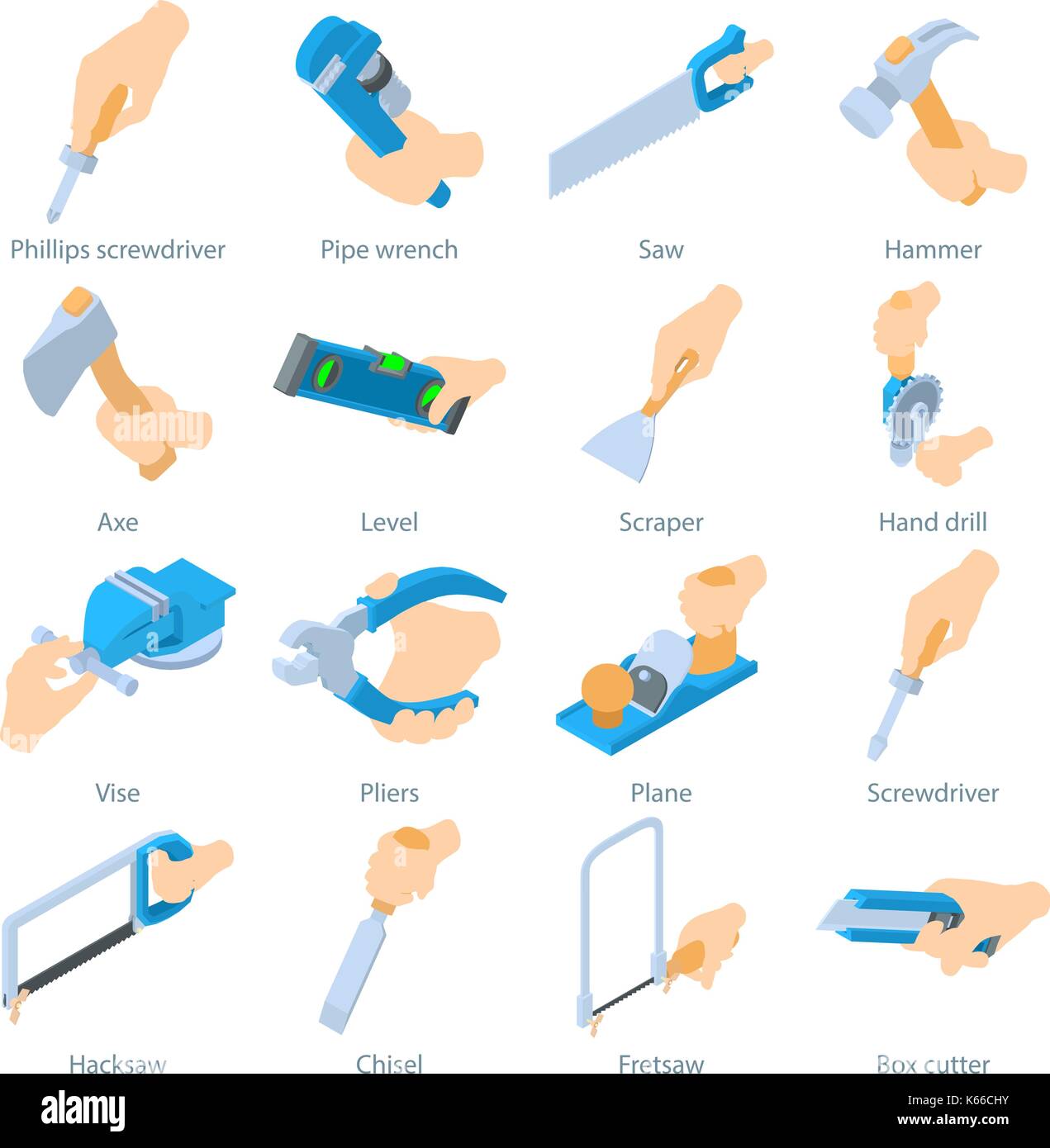 Maintenir l'outil à main icons set, style isométrique Illustration de Vecteur