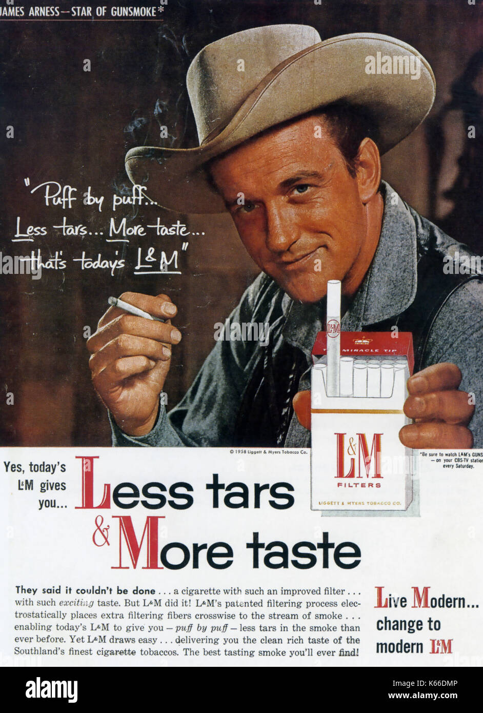 Publicité Sur Les Cigarettes L&M avec James Arness en 1958 Banque D'Images