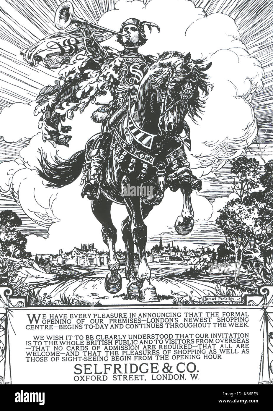 Selfridges affiche annonçant l'ouverture le 15 mars 1909 avec des œuvres d'art de Bernard Partridge Banque D'Images