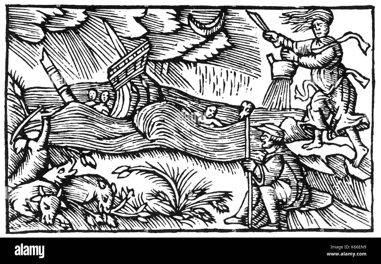 Olaus MAGNUS (1490-1557) prêtre catholique suédois. Coupe de bois montrant une sorcière créant une tempête en mer à partir de son livre de 1555 Historia de Gentibus Septentarionabius (Histoire des peuples du Nord) Banque D'Images
