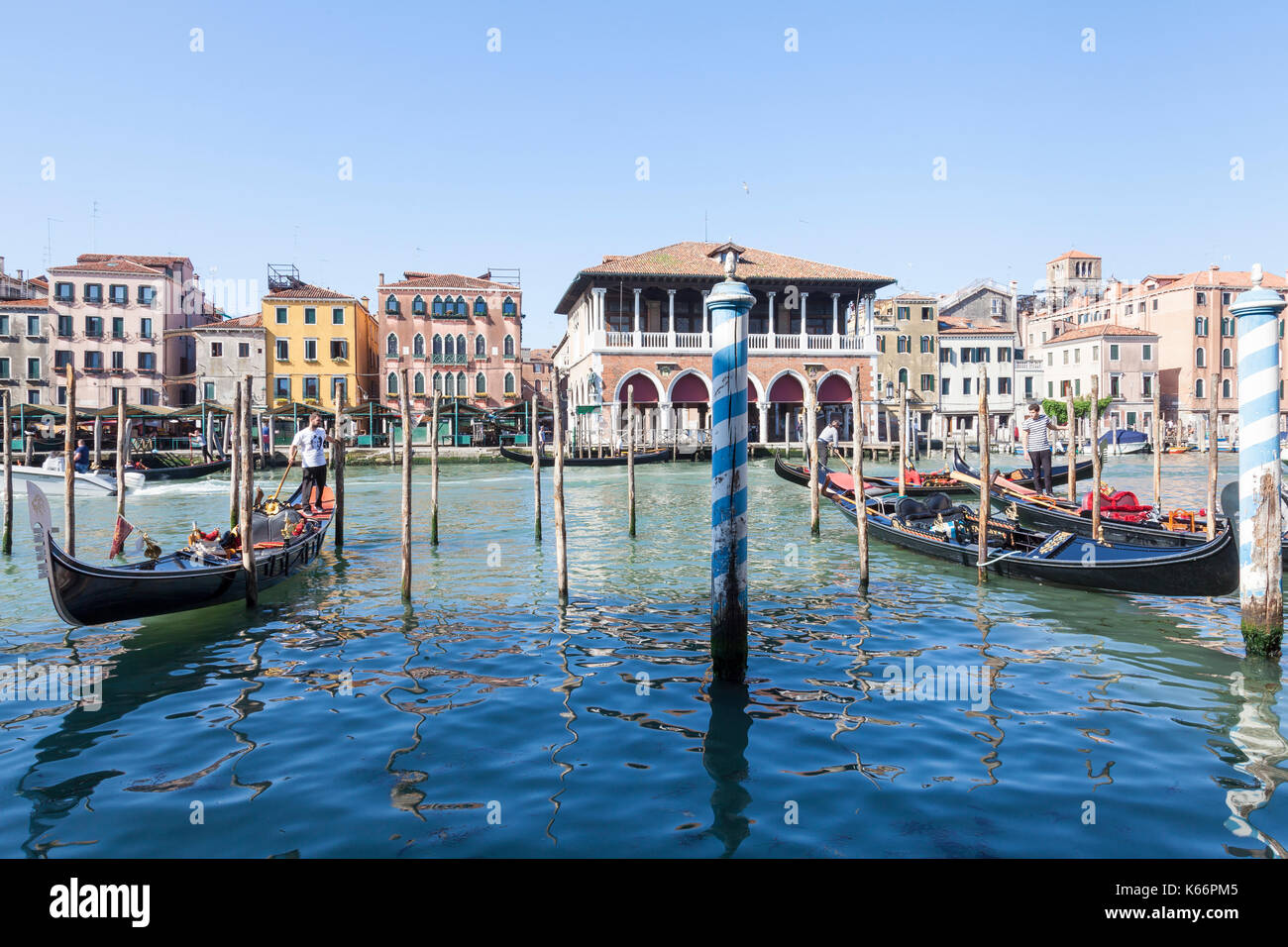 Gondoliers rassembler leurs gondoles sur le Grand Canal, Venise, Italie au début de la lumière du matin en face de la Marché du Rialto, prêt à démarrer le jours wo Banque D'Images