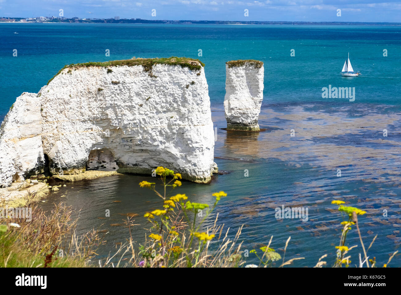 Old Harry, falaises de craie à la côte jurassique du Dorset, Angleterre Banque D'Images