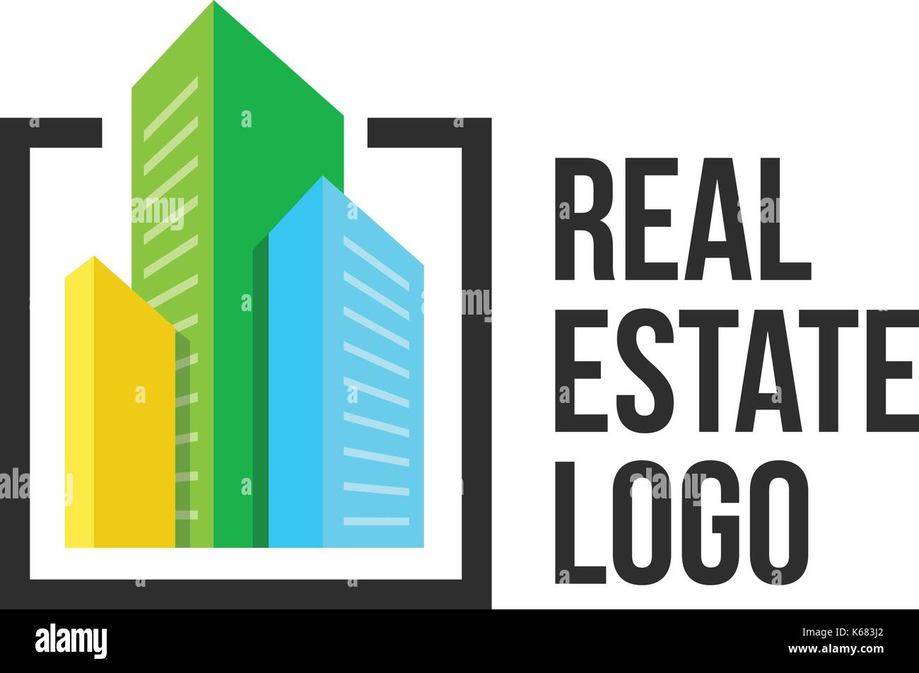 Logo couleur paysage urbain situé dans cadre noir. nouveaux bâtiments logotype. agence immobilière inscrivez-modèle. Illustration de Vecteur