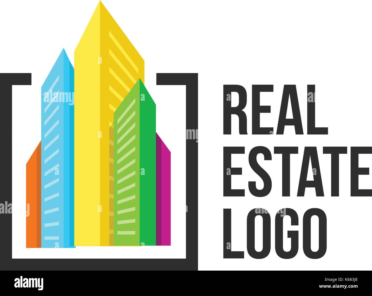 Logo couleur paysage urbain situé dans cadre noir. nouveaux bâtiments logotype. real estate agency modèle signe Illustration de Vecteur