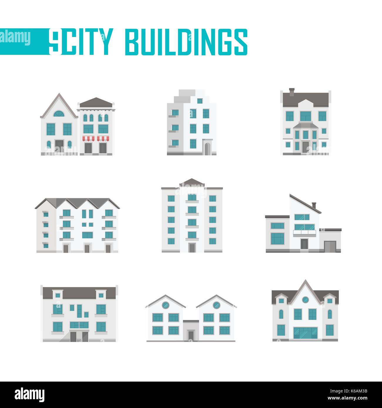 Neuf bâtiments de la ville ensemble d'icônes - vector illustration sur fond blanc. double, trois maisons de cinq étages, avec de belles façades, balcons. divers sh Illustration de Vecteur