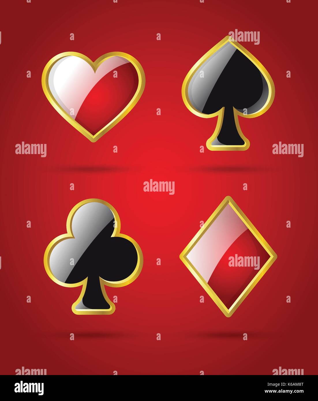 Poker card suits - vector clip art moderne isolé illustration sur fond rouge brillant. cœur, pique, carreau, clubs, avec un effet brillant, casino. Illustration de Vecteur