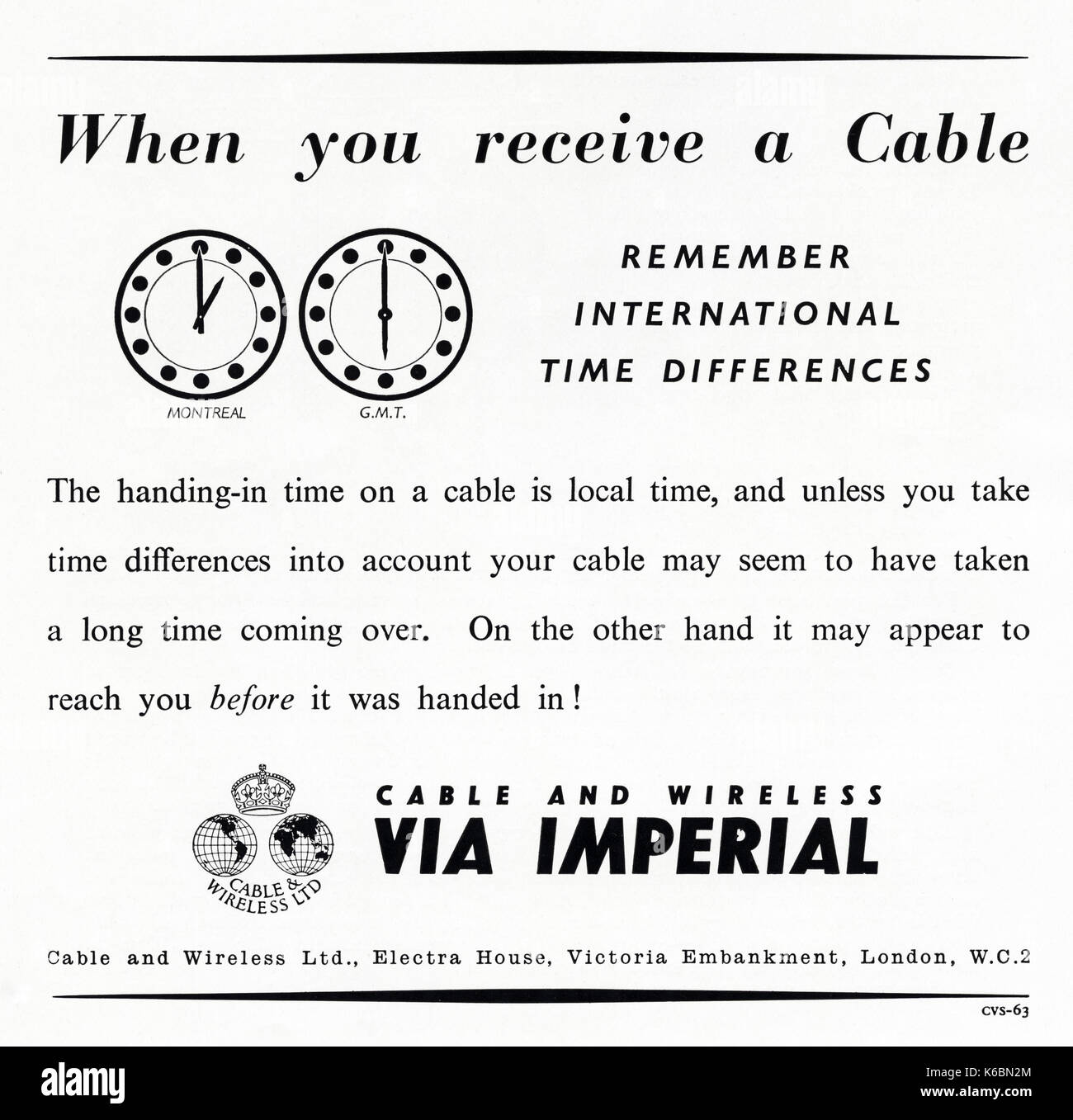 1940 old vintage publicité publicité originale cable and wireless limited dans circa 1947 magazine quand les stocks étaient encore limitée au titre de rationnement de l'après-guerre Banque D'Images