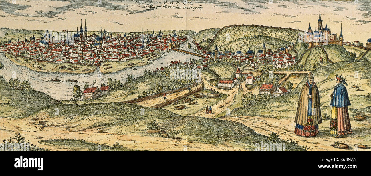 République tchèque. prague. panorama de la ville avec la rivière Vltava, dans le 17e siècle. lithographie. Banque D'Images