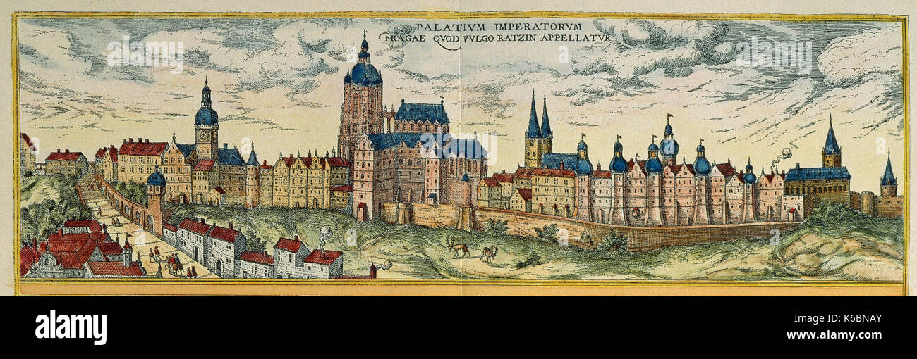 République tchèque. prague. panorama de la ville avec le palais impérial, au 17ème siècle. lithographie. Banque D'Images