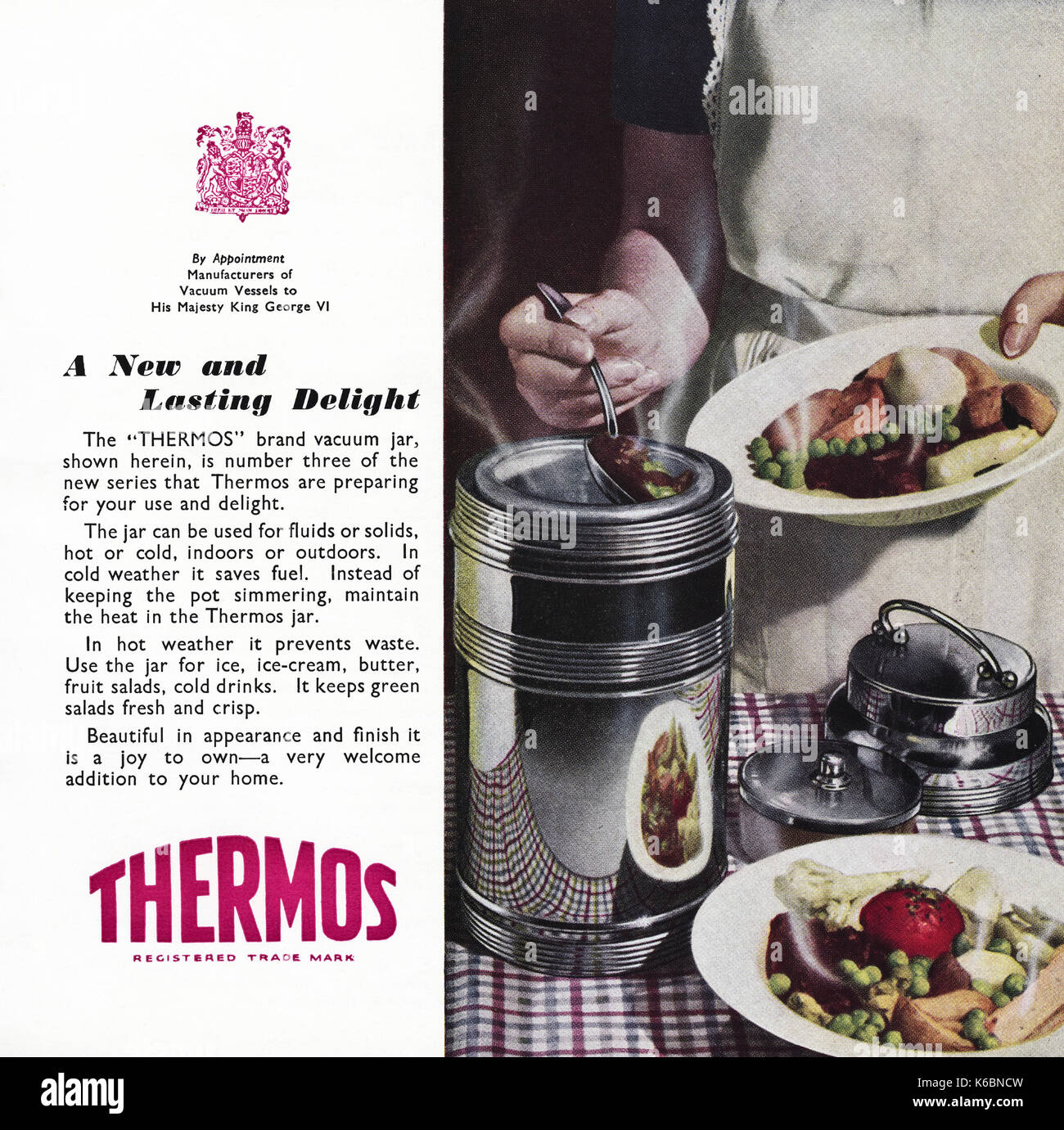 1940 old vintage publicité publicité originale bouteilles isothermes thermos par nomination royale au roi George VI en 1947 lorsque le magazine vers fournitures étaient toujours restreinte en vertu de rationnement de l'après-guerre Banque D'Images