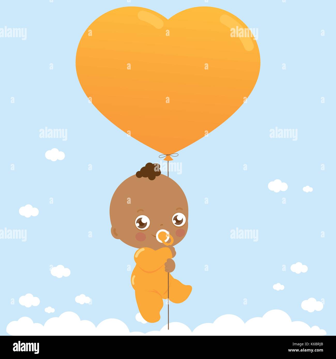 Bébé nouveau-né mignon tenant un ballon de couleur orange dans le ciel. Fête de douche de bébé. Illustration vectorielle Illustration de Vecteur