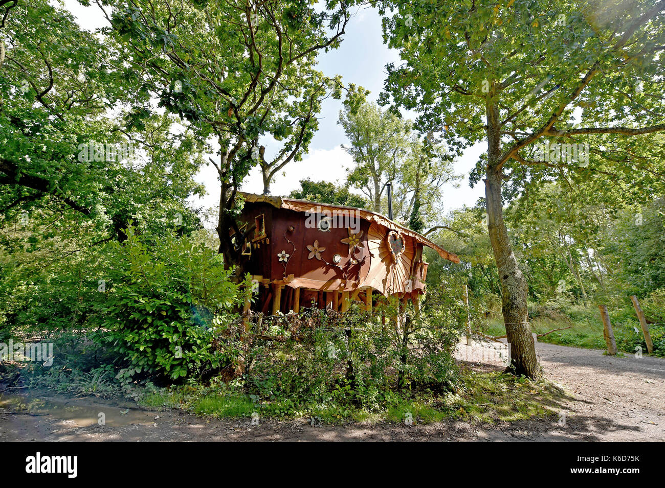 Genève à Sussex, UK. 12 sep, 2017. Une nouvelle maison de l'arbre a été dévoilé au Salon de Genève à camping bois blackberry à Sussex . Le nouveau quartier maison de l'arbre appelé vrac a été construit par Tim Johnson propriétaire du camping et est plus grande que l'original à côté maison de l'arbre appelé pêle . le camping insolite est bien connu pour avoir un bus de Londres et d'un vieux hélicoptères wessex où les gens peuvent aussi séjourner dans un cadre paisible niché juste au nord du parc national des South Downs crédit : Simon dack/Alamy live news Banque D'Images