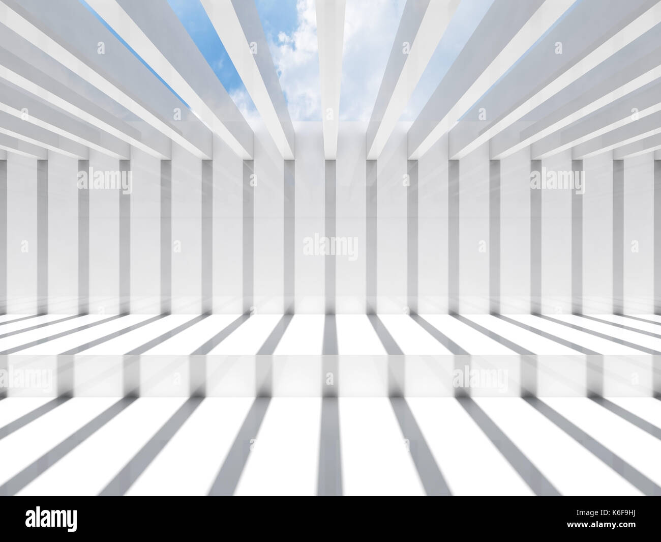 Résumé Contexte intérieur blanc. salle vide avec l'éclairage de plafond et motif à rayures d'ombre et de lumière, de rendu 3d illustration Banque D'Images