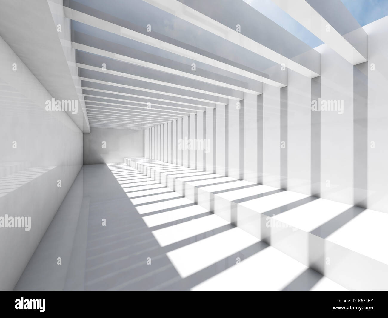 Arrière-plan de l'intérieur blanc vide. couloir avec l'éclairage de plafond et motif à rayures d'ombre et de lumière, de rendu 3d illustration Banque D'Images