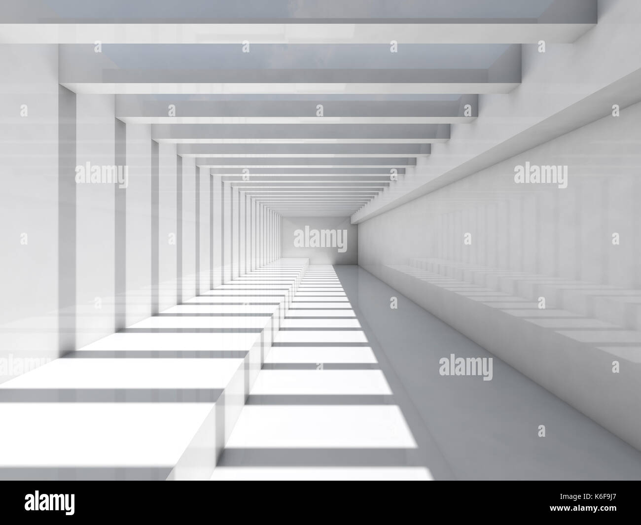 Résumé Contexte intérieur blanc. empty corridor avec l'éclairage de plafond et motif à rayures d'ombre et de lumière, de rendu 3d illustration Banque D'Images