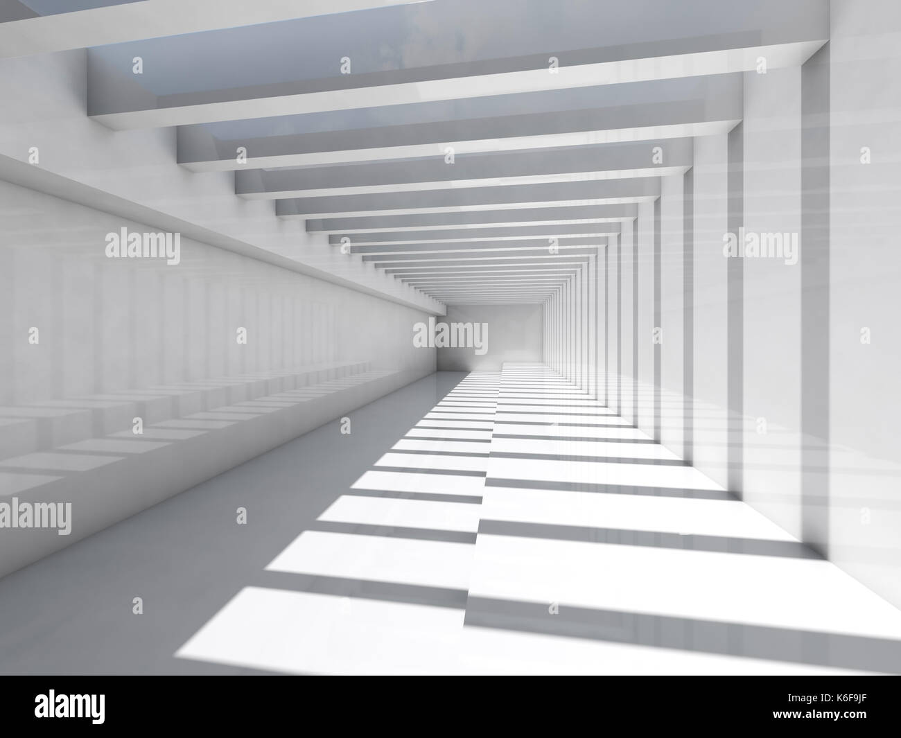 Résumé de l'intérieur blanc. hall avec éclairage de plafond et motif à rayures d'ombre et de lumière, de rendu 3d illustration Banque D'Images