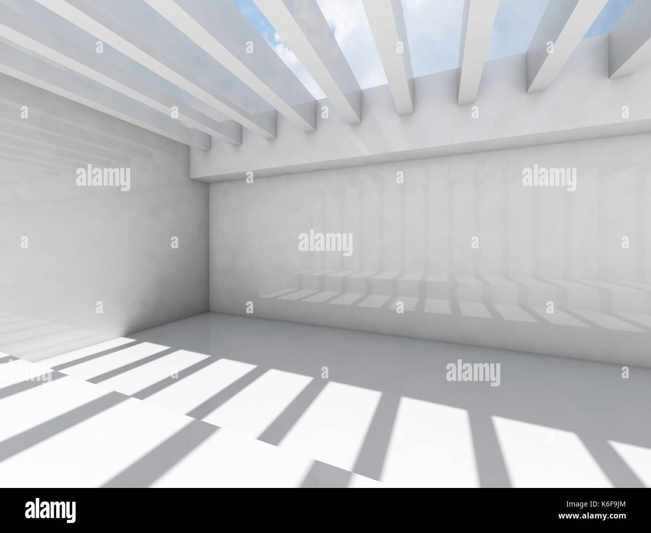 Résumé de l'intérieur blanc vide avec l'éclairage de plafond et motif à rayures d'ombre et de lumière, de rendu 3d illustration Banque D'Images