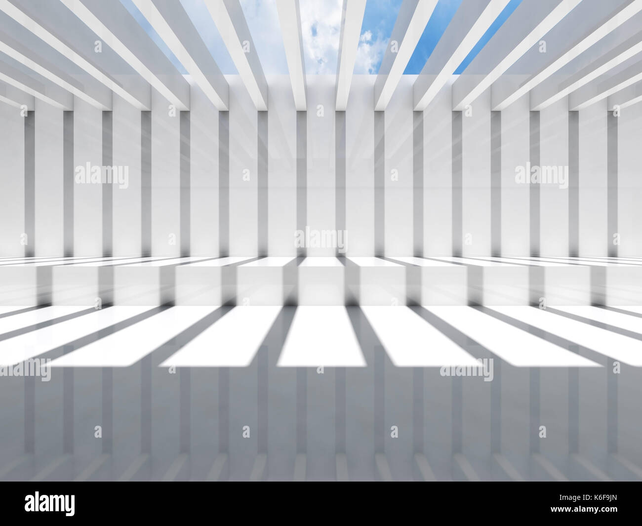 Résumé de l'intérieur blanc, cg arrière-plan. avec l'éclairage de plafond et motif à rayures d'ombre et de lumière, de rendu 3d illustration Banque D'Images
