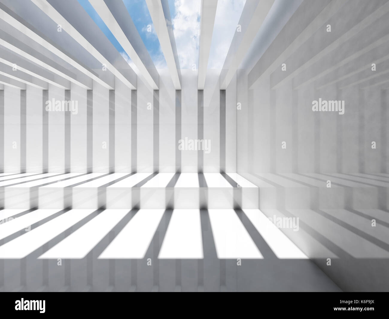Résumé de l'intérieur blanc vide. chambre avec plafond en éclairant et motif à rayures d'ombre et de lumière, de rendu 3d illustration Banque D'Images