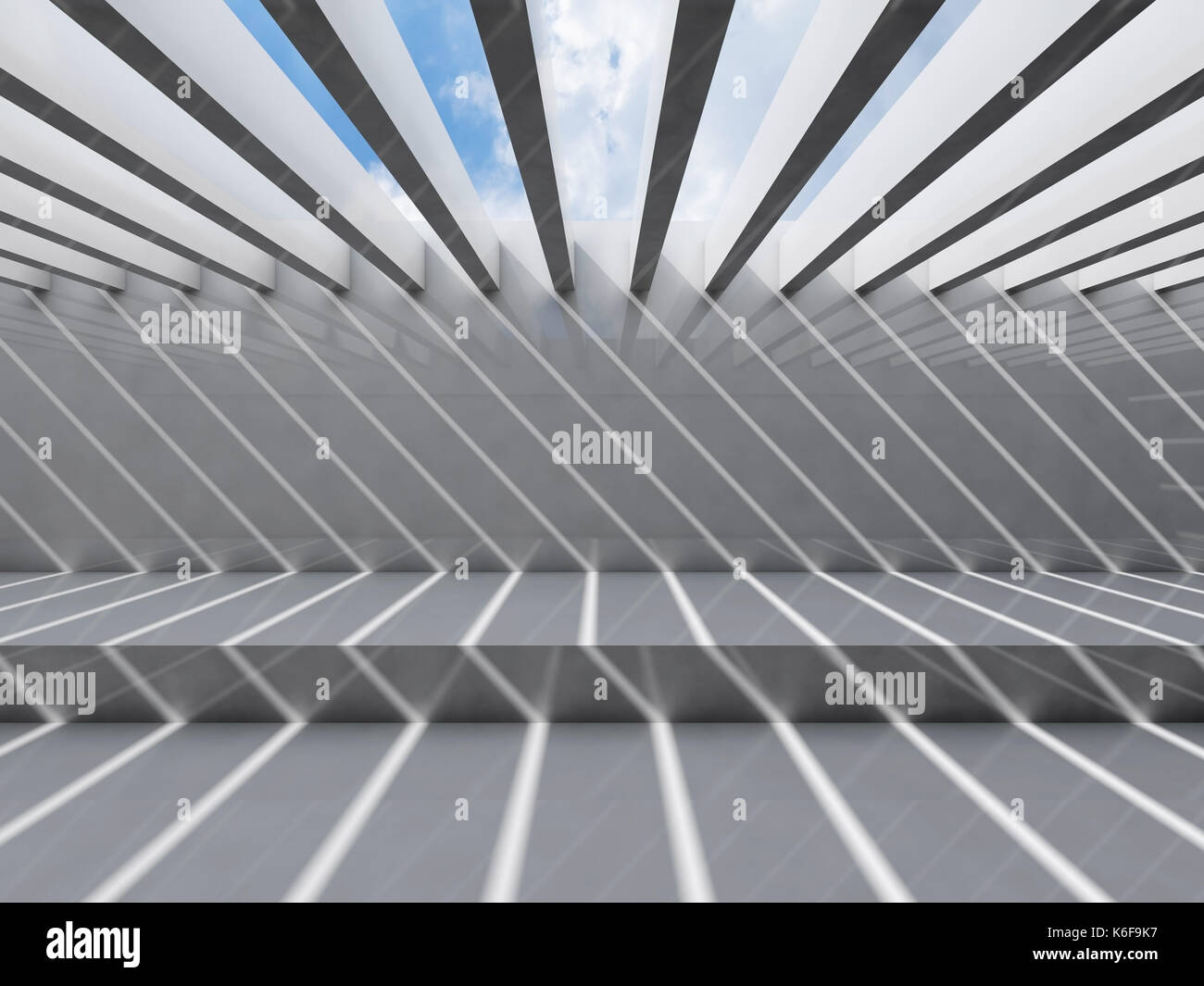 Résumé Contexte intérieur blanc vide, vue avant. chambre avec plafond en éclairant et motif à rayures d'ombre et de lumière, de rendu 3D illustr Banque D'Images