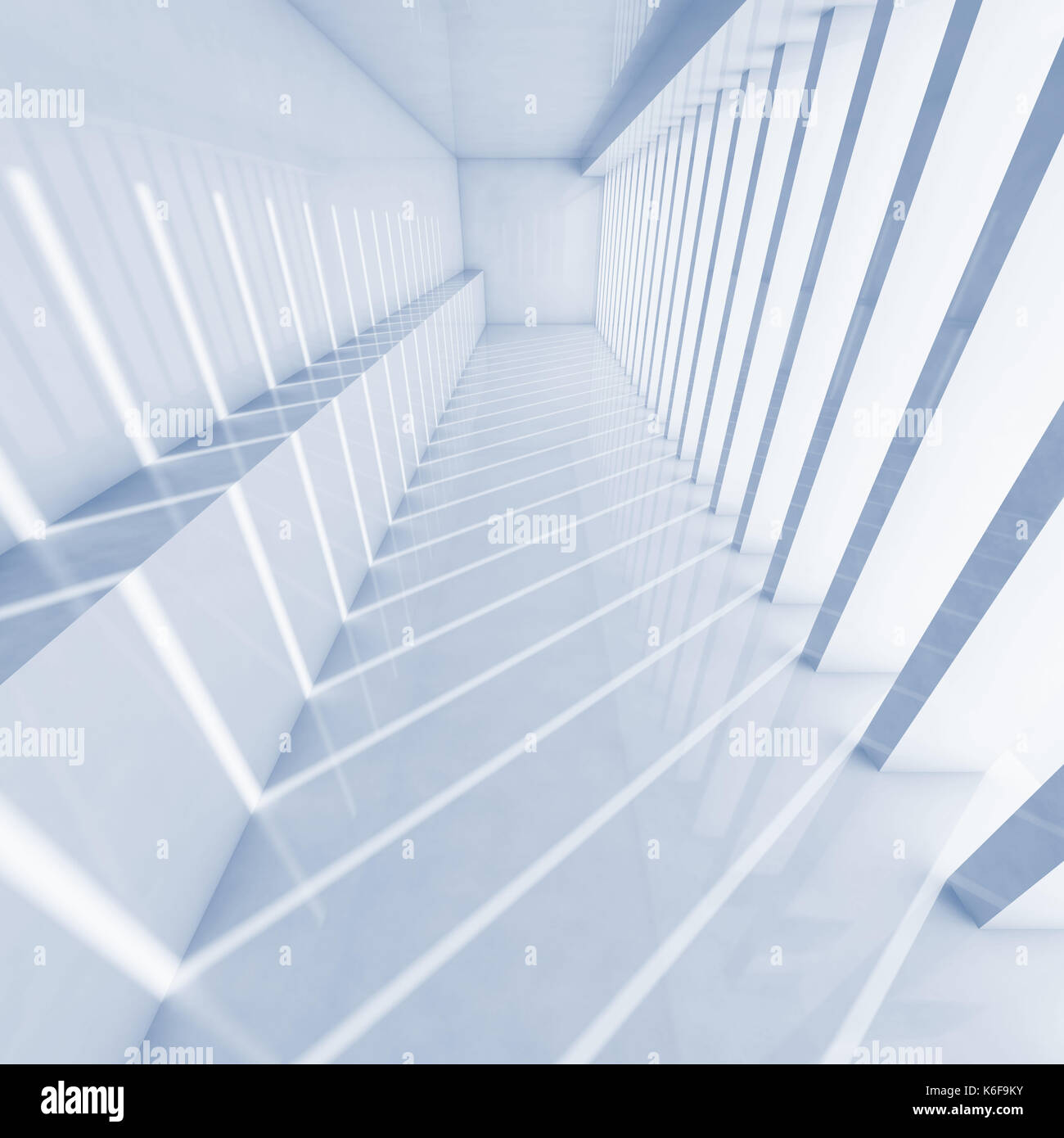 Résumé Contexte intérieur vide. couloir avec plan des ombres et les faisceaux lumineux sur le mur dans les tons bleus, 3d illustration Banque D'Images