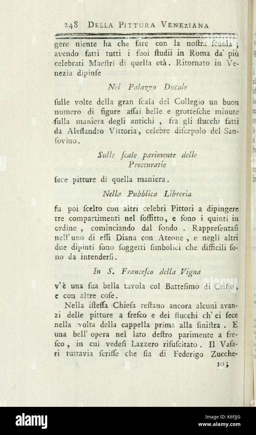 Un extrait de 'Della Pittura Veneziana e delle Opere Publiche de' Veneziani Maestri', un texte sur la peinture vénitienne et les œuvres de maîtres vénitiens, mettant l'accent sur les œuvres d'art publiques et leur signification culturelle. Banque D'Images