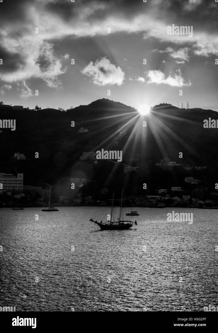 Photographie en noir et blanc d'harbour, Road Town, Tortola, Îles Vierges britanniques, Antilles Banque D'Images