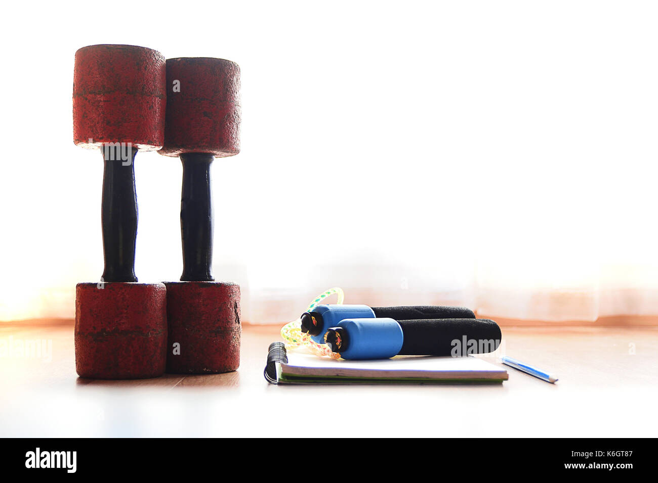 Dumbells et corde avec un carnet et un stylo pour prendre des notes sur la maison d'entraînement. copie vide de l'espace pour l'éditeur de texte. Banque D'Images