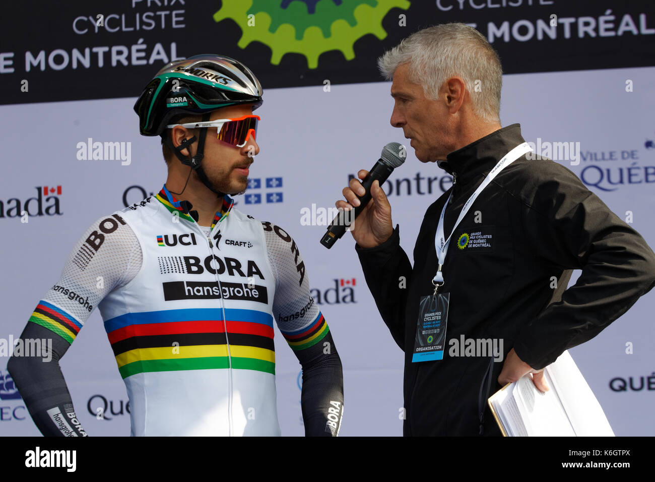 Montréal, Canada. 10/09/2017 Peter sagan. de la slovaquie, membre de l'équipe de rider monde bora-hansgrohe donne une interview avant la course au Grand prix cycliste r Banque D'Images