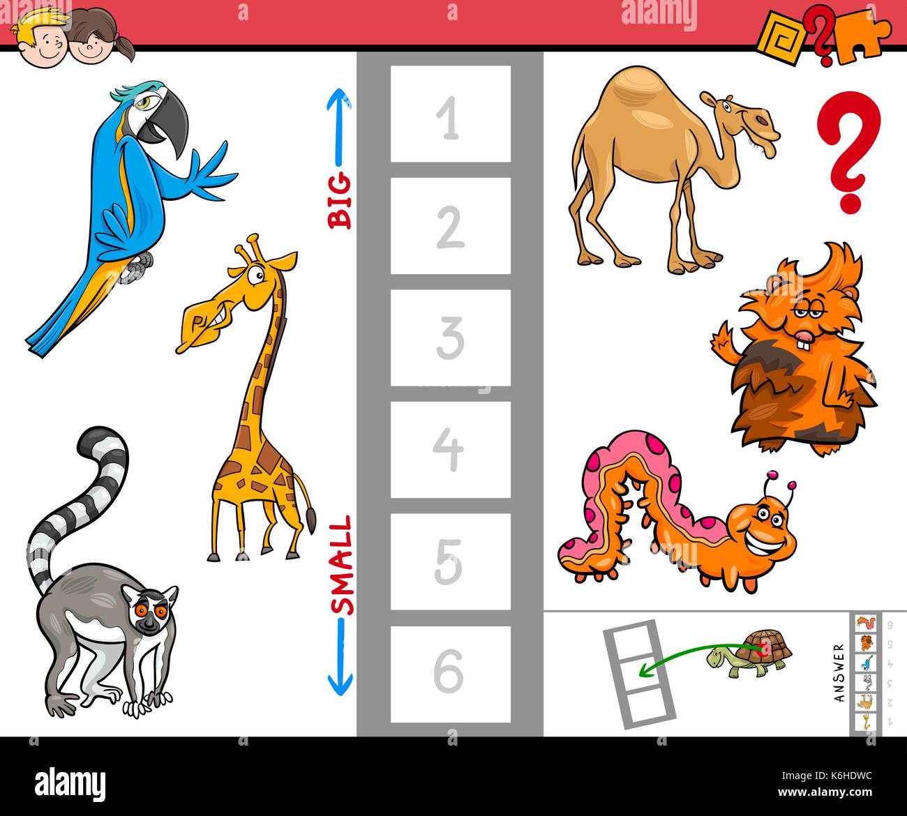 Cartoon illustration de l'activité d'éducation jeu de trouver la plus grande et la plus petite créature animale Illustration de Vecteur