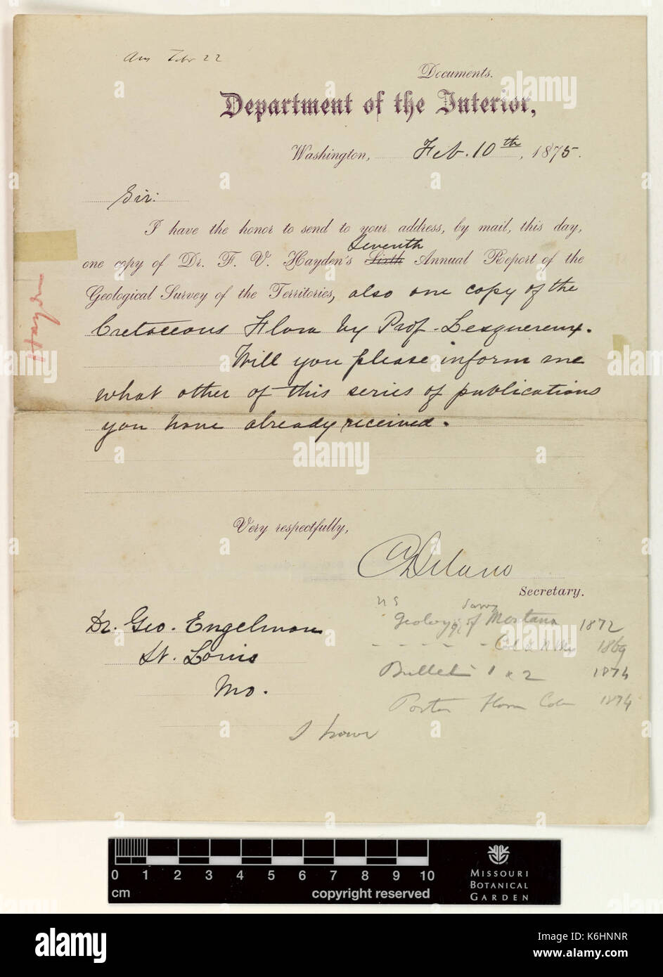 Correspondance Delano (Columbus) et d'Engelmann (George) (Feb 10, 1875 (1)) BHL42999671 Banque D'Images