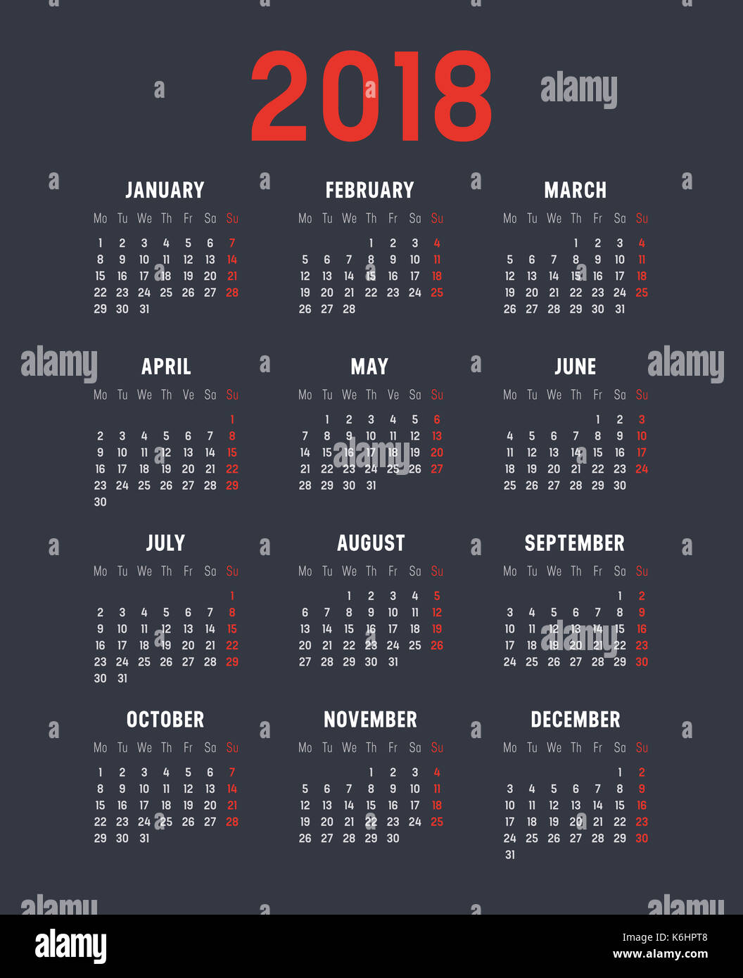 Année 2018 Calendrier minimaliste, sur fond noir. Banque D'Images