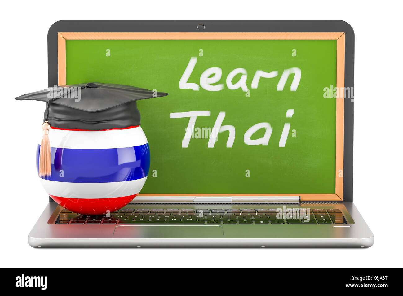 Concept d'apprentissage avec ordinateur portable et tableau noir graduation cap, rendu 3D Banque D'Images