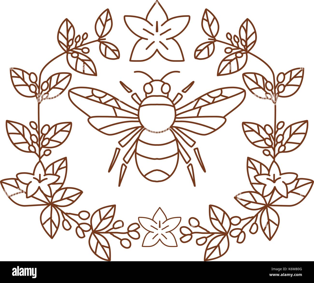 Style d'icône illustration de bumblebee membre du genre Bombus, partie d'Apidae avec open aile et encadrée de feuilles floral fleur de café sur des ba Illustration de Vecteur