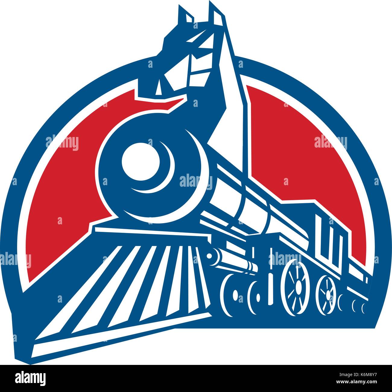Retro style illustration d'un cheval de fer, un train à vapeur locomotive avec tête de cheval sur l'arc vu depuis un angle bas situé à l'intérieur de la moitié du cercle sur l'isola Illustration de Vecteur