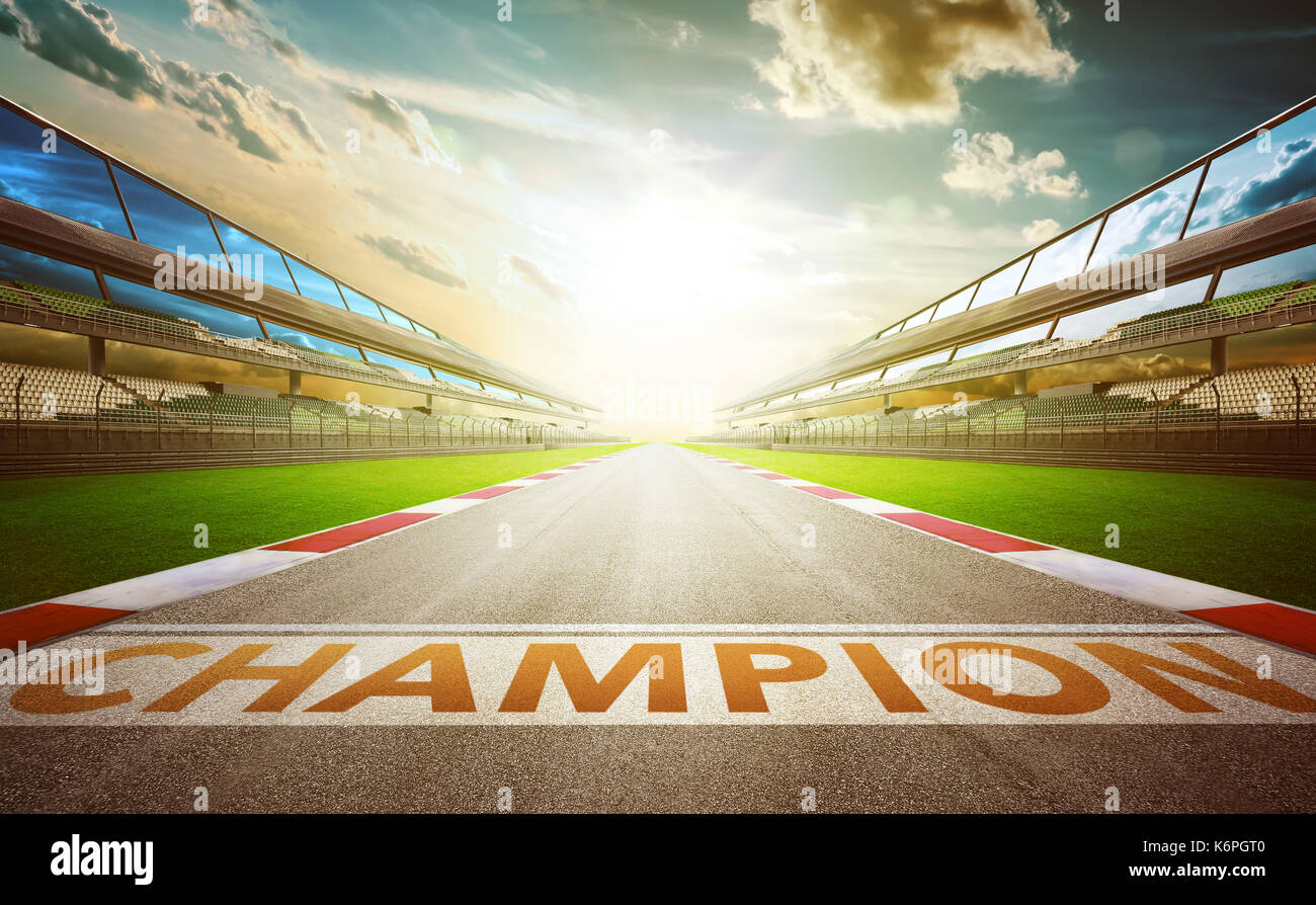 Vue de l'infini vide de course internationale d'asphalte avec champion mot ligne de départ . soir scène . Banque D'Images