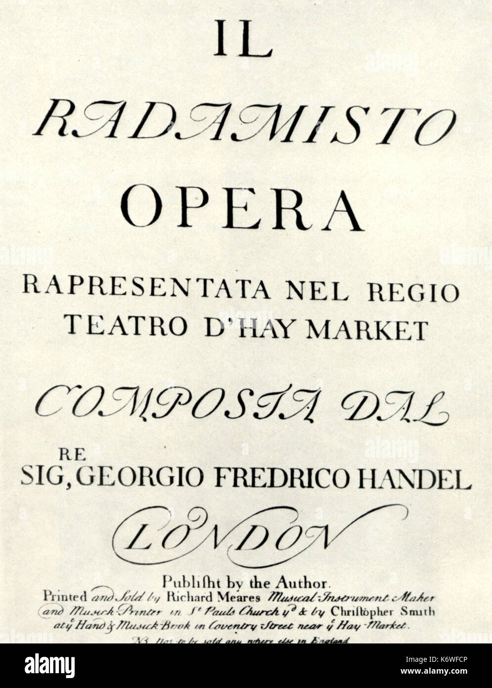 RADAMISTO de Haendel, titlepage de l'opéra. Compositeur allemand, 1685-1759 Banque D'Images