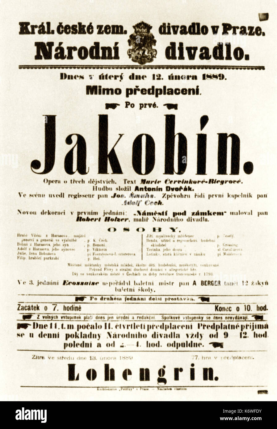 DVORAK - LE JACOBIN/ Jakobin Affiche pour 1ère représentation, Théâtre National de Prague, 1889 compositeur tchèque (1841-1904) Banque D'Images