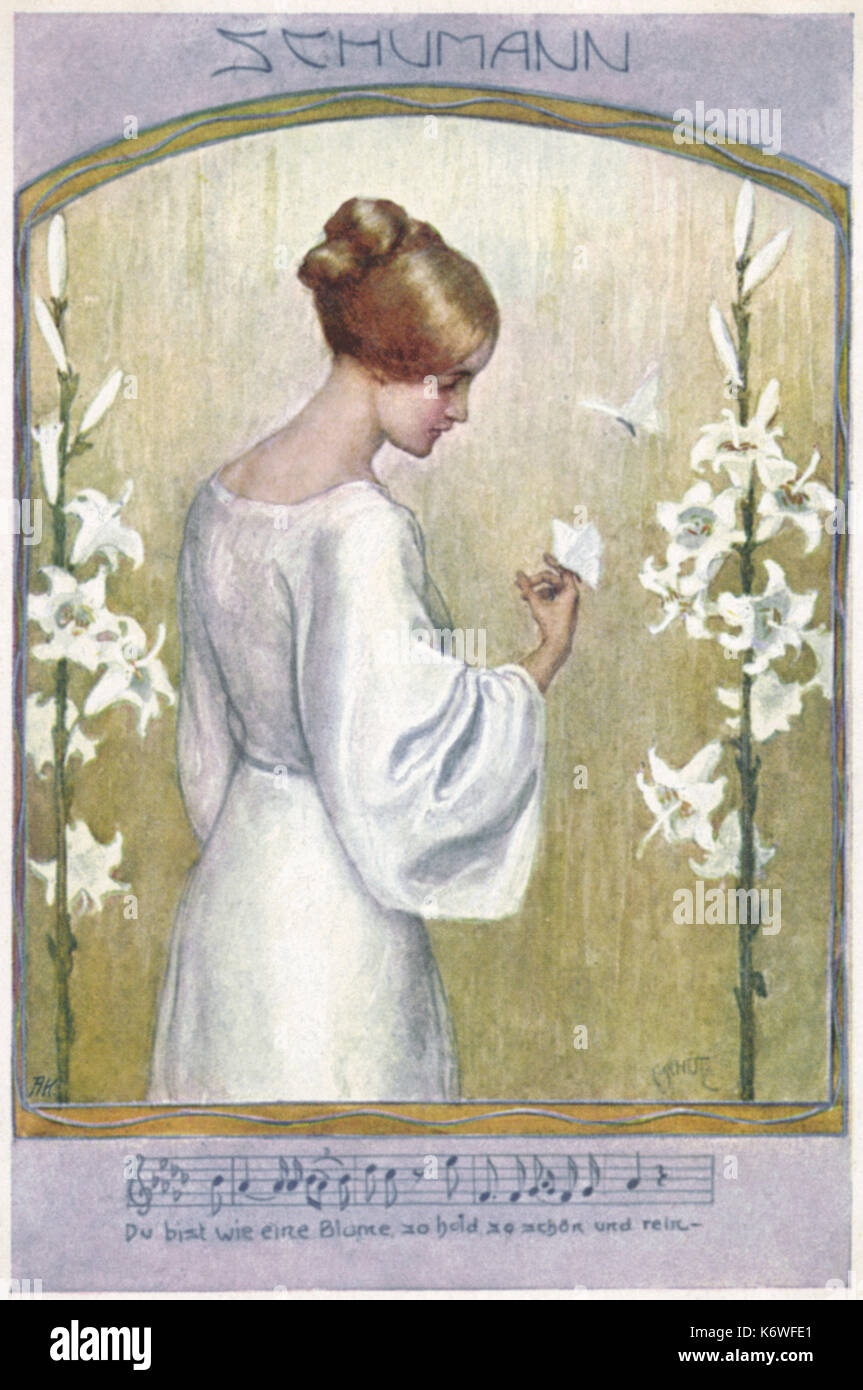 Robert Schumann. Illustration à Schumann's song Du bist wie eine Blume (vous êtes comme une fleur, si charmant, si beau...) compositeur allemand, 1810-1856 Banque D'Images