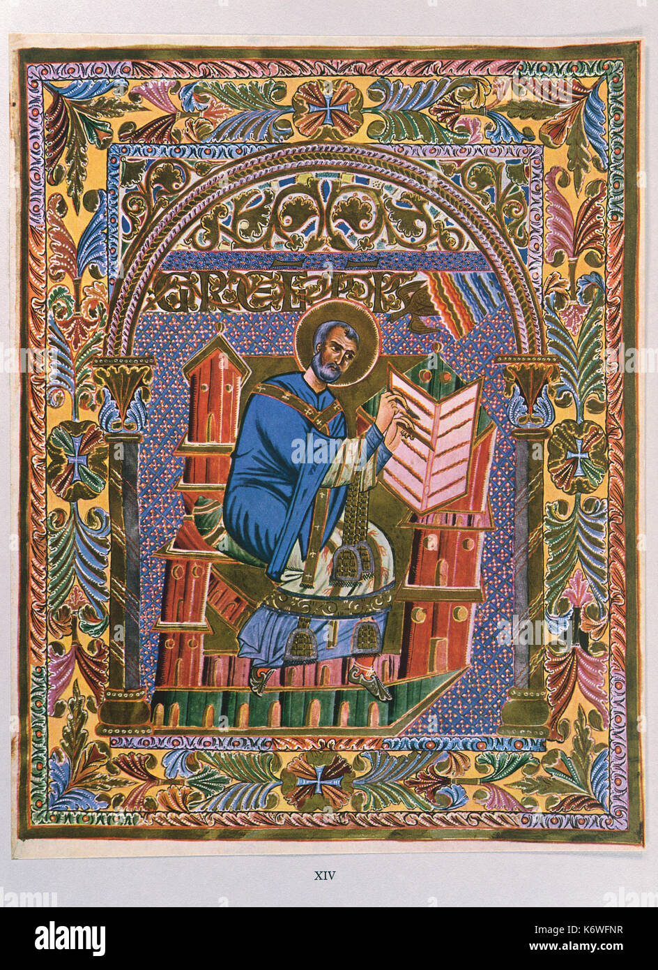 Le pape Grégoire , assis, écrit au bureau. Le chant grégorien porte son nom. 11e siècle, l'illumination, Regensburg, c 1010 Banque D'Images
