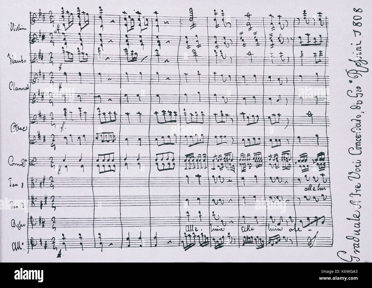 Gioachino Rossini 's "Graduale a tre voci concertato', 1808 - chandail score. Rédigé au moment de Rossini, 16 ans. GR, compositeur italien : 29 février 1792 - 13 novembre 1868. Banque D'Images