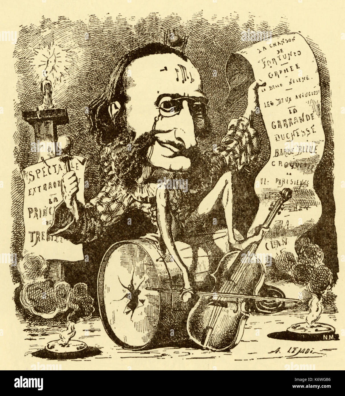 OFFENBACH, Jacques caricature française contemporaine. La rédaction d'Offenbach et à jouer du violon avec ses oeuvres tout autour de himGerman/compositeur français (1819-1880) Banque D'Images