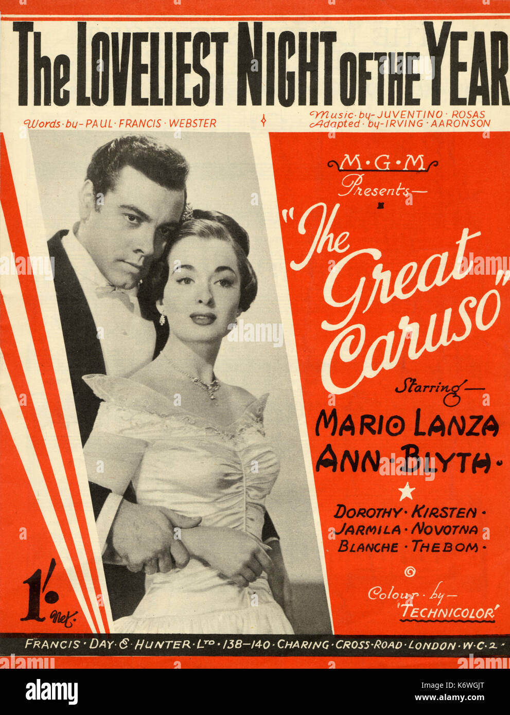 Mario Lanza, - au titre rôle dans 'Le Grand Caruso Score' couverture de 'la plus belle nuit de l'année' dans le film 'Le Grand Caruso' avec Mario Lanza & Ann BLYTH. La chanteuse américaine, 1921-1959. Usage éditorial uniquement. Banque D'Images
