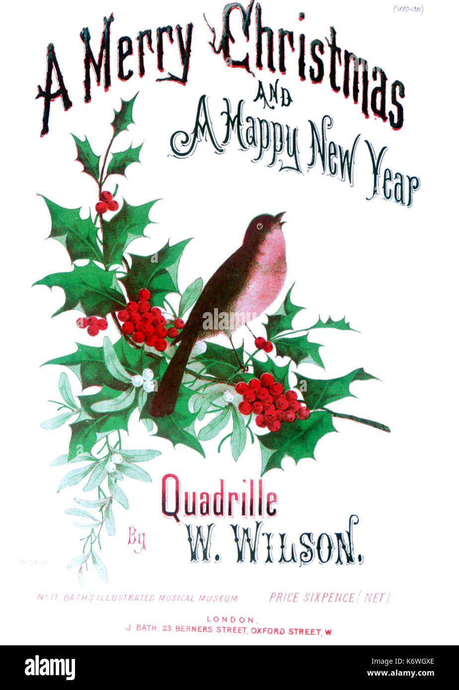 Score de Noël. Un Joyeux Noël et une Heureuse Nouvelle Année Quadrille par W. Wilson, photo de Robin et Holly. Banque D'Images