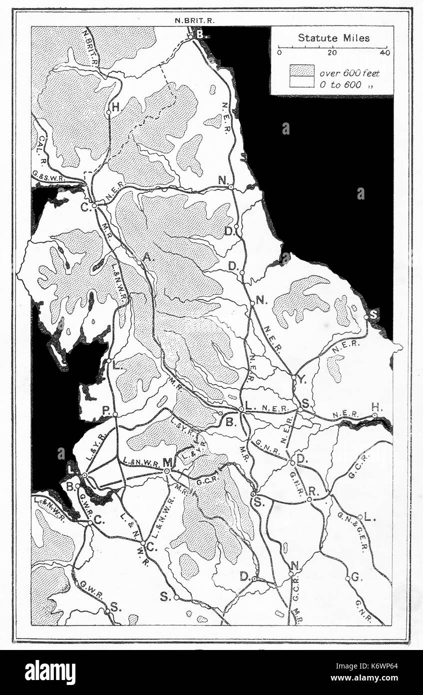 Une carte des chemins de fer 1914 dans le Nord de l'Angleterre Banque D'Images