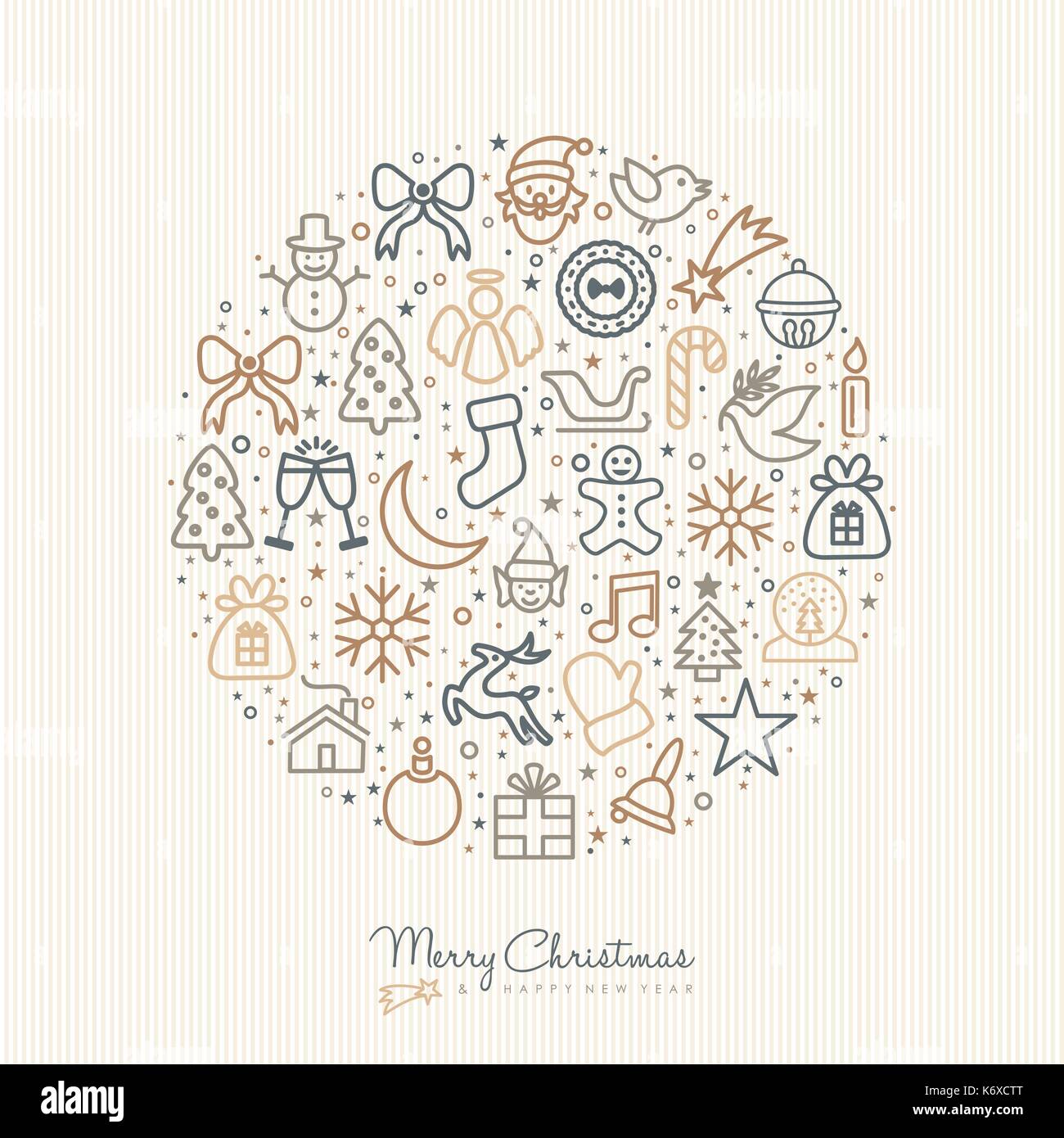 Joyeux Noël et bonne année carte de voeux design avec la ligne de l'icône de l'art illustration. comprend la décoration ornement, cerfs, Don. spe10 vecto Illustration de Vecteur