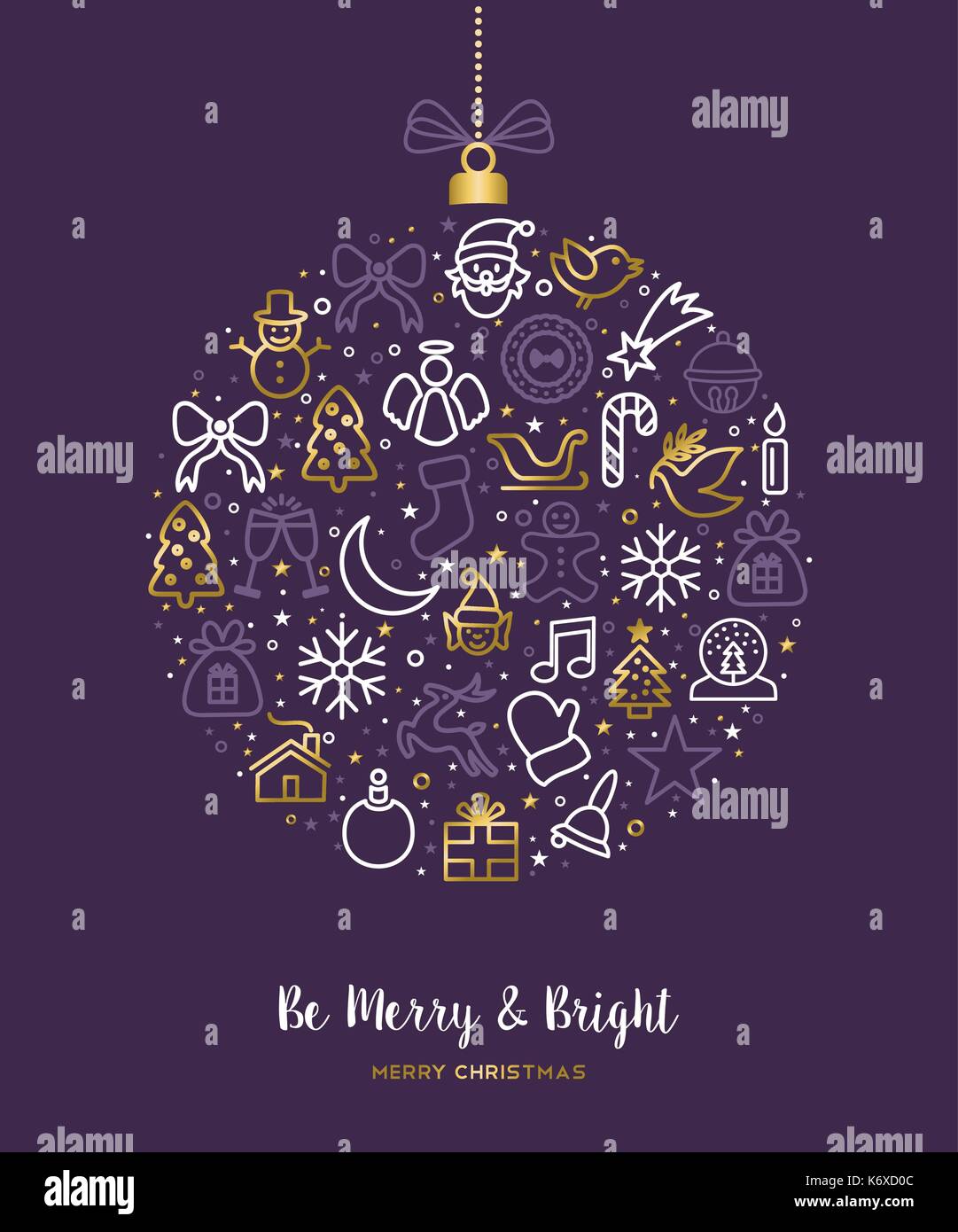Joyeux Noël carte de souhaits avec de l'or de vacances art illustration icône ligne. comprend la décoration ornement, renne, pin. eps10 vector. Illustration de Vecteur