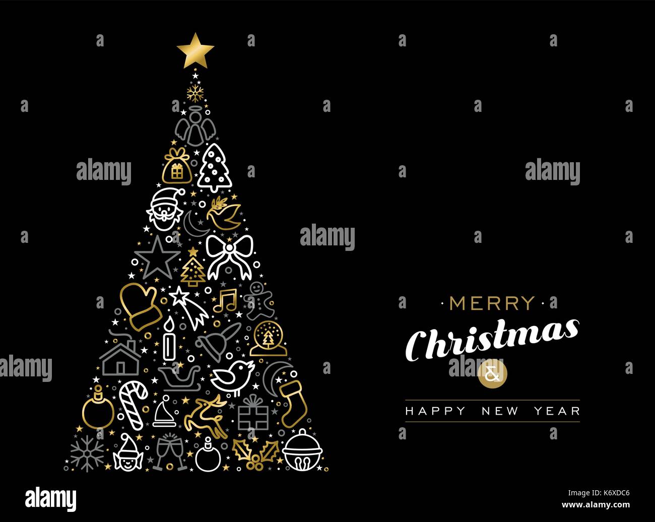 Joyeux Noël et bonne année carte de voeux design, or vacances art illustration ligne icône de pine tree forme. spe10 vecteur. Illustration de Vecteur